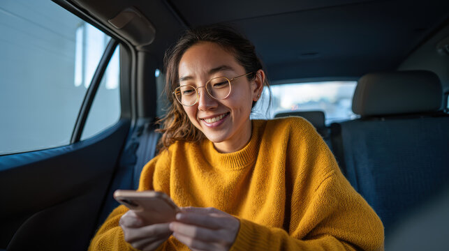 A cheerful woman using her smartphone in the back seat of a car. She wears eyeglasses and a sweater, with a bright and content expression - Powered by Adobe