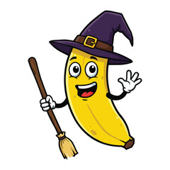Obraz premium Happy Witch Banana with Broom for Halloween