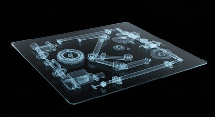 X-Ray View of Complex Mechanical Components Arranged on Transparent Surface