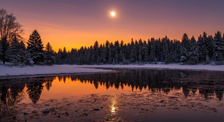 Winter's Embrace: Moonlit Reflection on Frozen Lake at Sunset