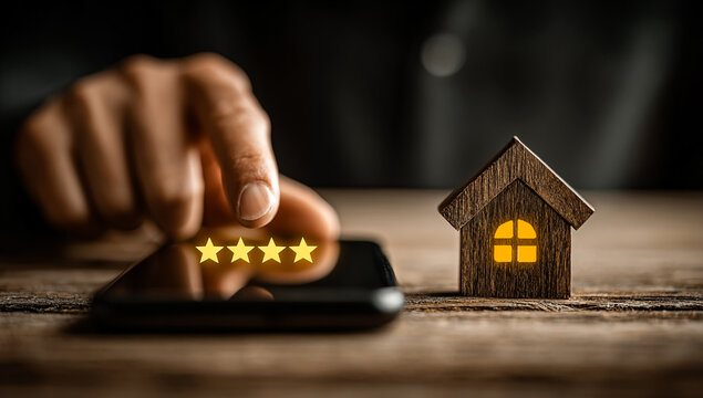 Man rates home purchase on phone with five stars. Online review concept, marketing, advertising, real estate, web design.