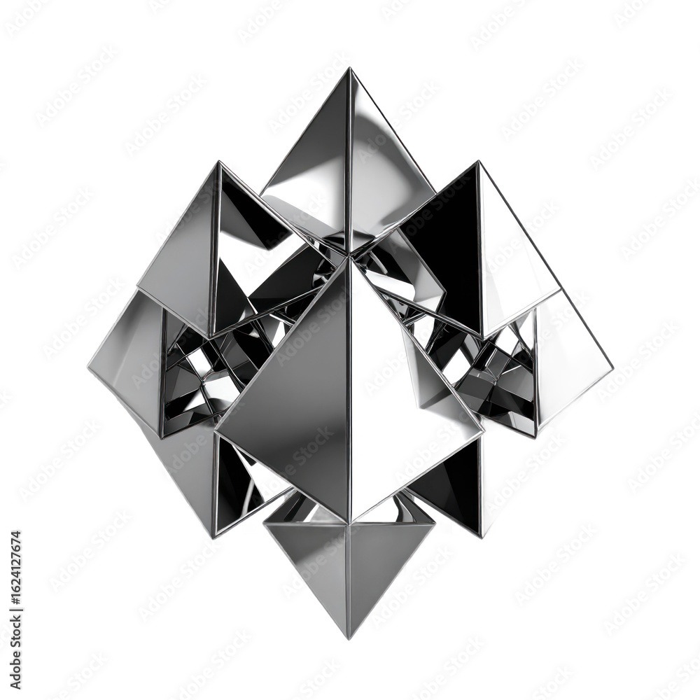 Poster abstract geometric composition of metallic reflective shapes creating dimension and depth isolated t