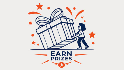 Person pushing a large gift box with earn prizes text below
