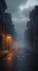 A cobblestone street with old buildings in a city covered by dense fog at night. Mystical path. Ethereal atmosphere for dark fantasy concept