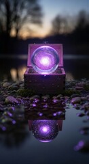 Magical crystal ball glowing purple inside an open wooden treasure chest with reflection on water. Fantasy and mystery concept