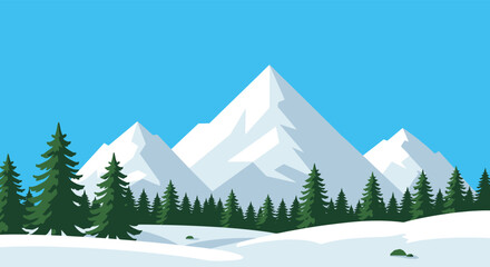 Cartoon winter landscape with snow covered mountains and evergreen trees illustration