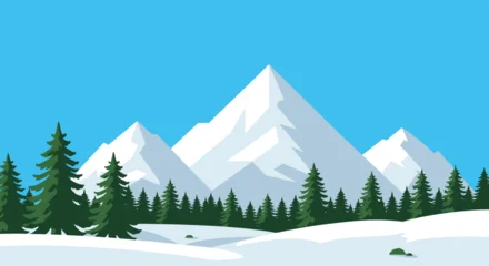 Gardinen Blau Cartoon winter landscape with snow covered mountains and evergreen trees illustration  © nhpvect02
