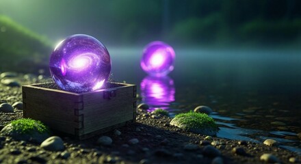 A glowing purple glowing orb with a galaxy pattern in a wooden box on a rocky shore next to the water. Cosmic mystery concept