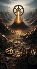 Steampunk landscape with a massive gear and other gears and cogs creating industrial mountains. Abstract concept