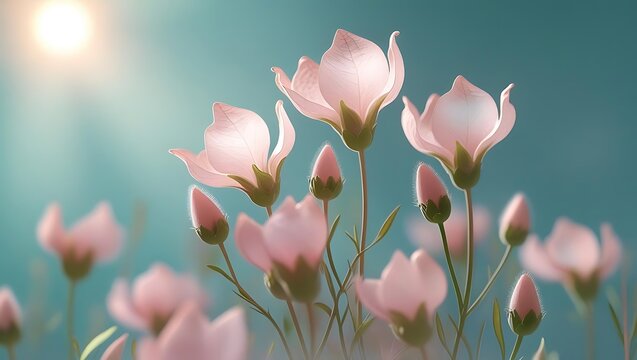 Delicate pink wildflowers bloom against a soft blue sky with a bright sun nature spring - Powered by Adobe