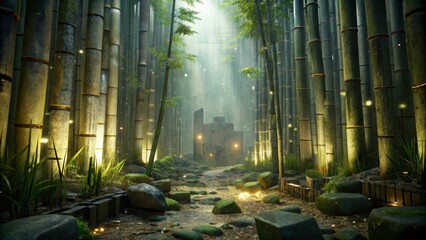 Bamboo Forest Path with Ancient Ruins