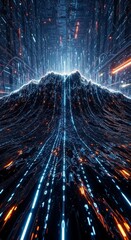 Abstract digital landscape with glowing binary code representing data flow. Visualization of internet communication and artificial intelligence processing