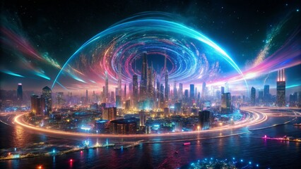 Futuristic Cityscape with Energy Swirls