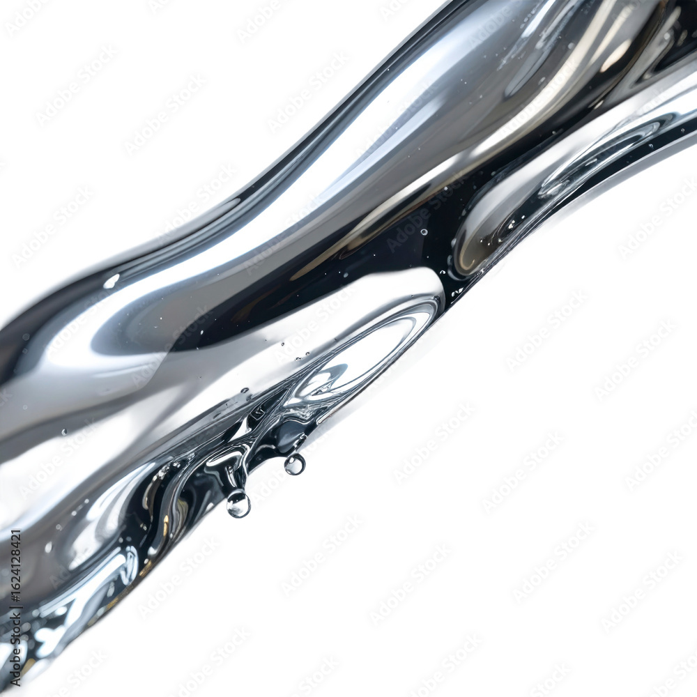 Poster abstract silver liquid flowing on transparent background highlighting reflections and surface detail
