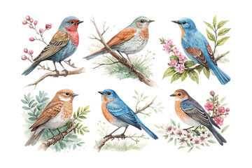 set of watercolor nightingale vector illustration isolated on white background