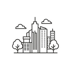 Urban Cityscape with Skyscrapers Line Art Icon. Modern City Skyline and Architecture Vector Illustration.
