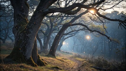 Enchanted Forest with Sunlight Filtering Through Trees