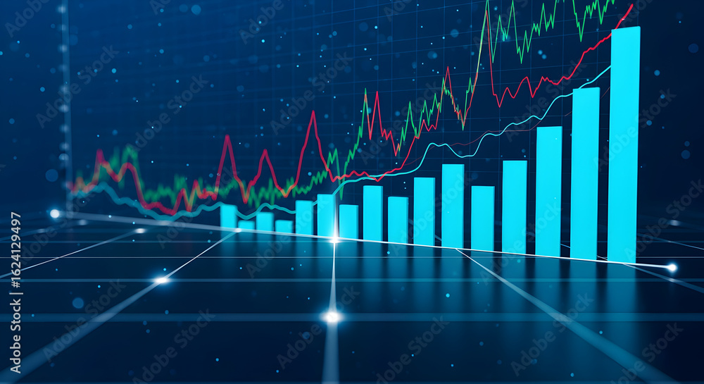 Poster 3d bar graph with rising blue bars and dynamic red green line graphs on dark blue digital background