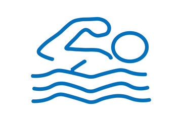 A simple, blue line art illustration of a person swimming. The figure is shown from a side view with one arm extended forward and the other submerged.