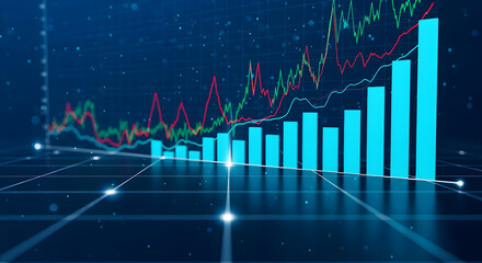3D Bar Graph with Rising Blue Bars and Dynamic Red Green Line Graphs on Dark Blue Digital Background
