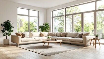Fototapeta premium Sunlit Modern Living Room with Beige Sectional Sofa and Large Windows