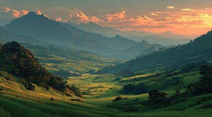 Panoramic sunset view of terraced rice fields nestled in a valley between mountain ranges