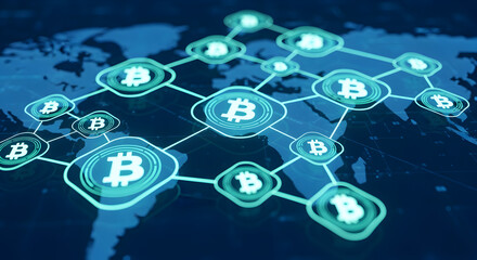Abstract Bitcoin Network Connection on World Map in Blue and White Visualizing Cryptocurrency and Blockchain Technology