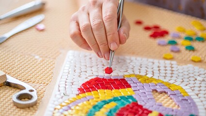 Fototapeta premium Creating a vibrant mosaic art project with colorful tiles and precise placement for handmade crafts and hobby enthusiasts artistic expression