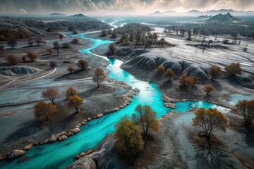 Winding Turquoise River Through Barren Landscape