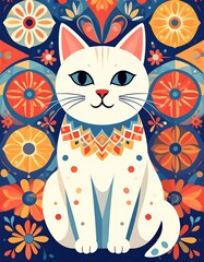 A colorful, stylized illustration of a white cat adorned with vibrant patterns and flowers, exuding a playful and artistic vibe.