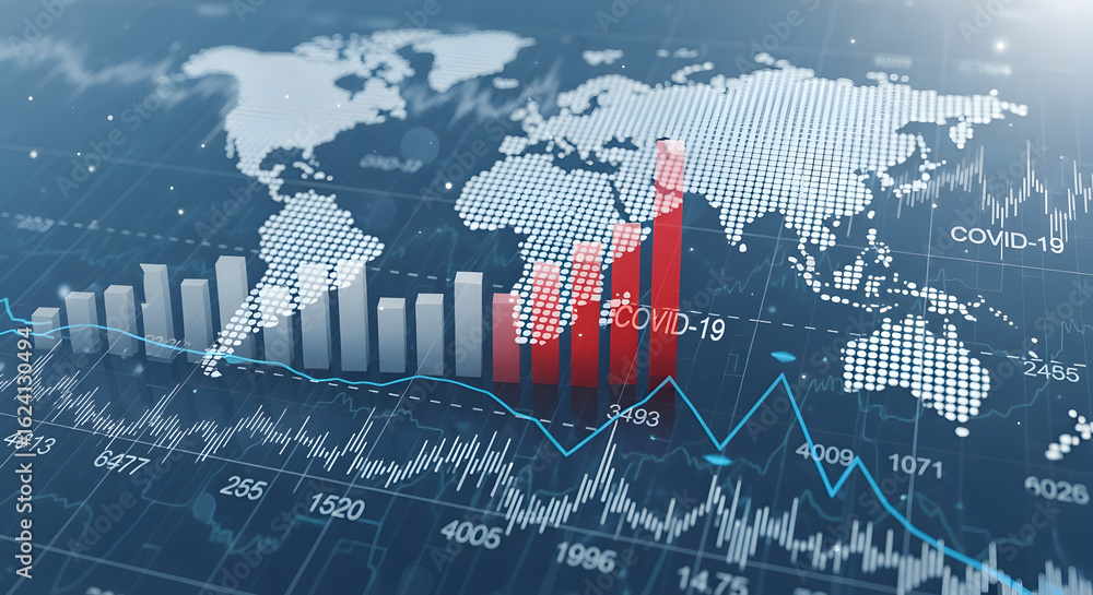 Poster abstract digital financial data visualization with world map and charts on blue backdrop