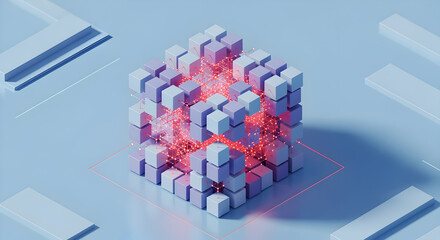 Abstract Cube Design Featuring Pixelated Blocks with Glowing Red Network on Light Blue Background