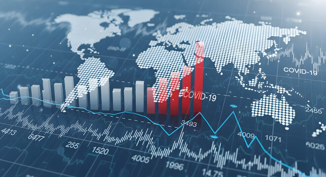 Abstract Digital Financial Data Visualization with World Map and Charts on Blue Backdrop