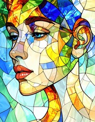 A vibrant stained glass portrait of a woman's face, showcasing colorful geometric patterns and expressive features.
