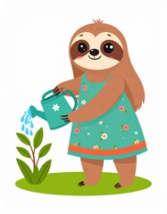 A cute sloth in a floral dress is watering a plant, showcasing a whimsical and cheerful illustration of nature and care.