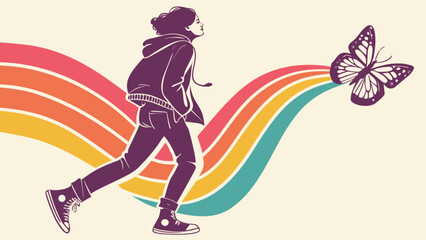 Retro girl running towards butterfly on rainbow background vintage style vector graphic design art
