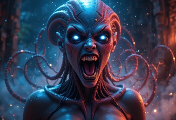 Terrifying alien creature with glowing eyes, tentacles, and sharp teeth, roaring in a dark, smoky, futuristic environment.

