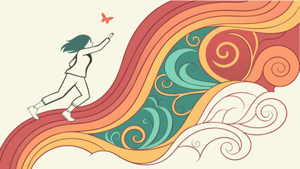 Woman reaching for butterfly on colorful wave art illustration vector design for inspiration and dreams
