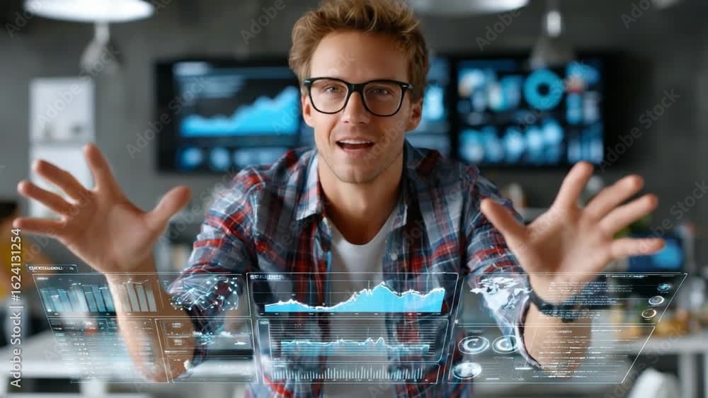 Aufkleber data analyst's vision: a forward-thinking analyst gestures towards a holographic display, revealing 