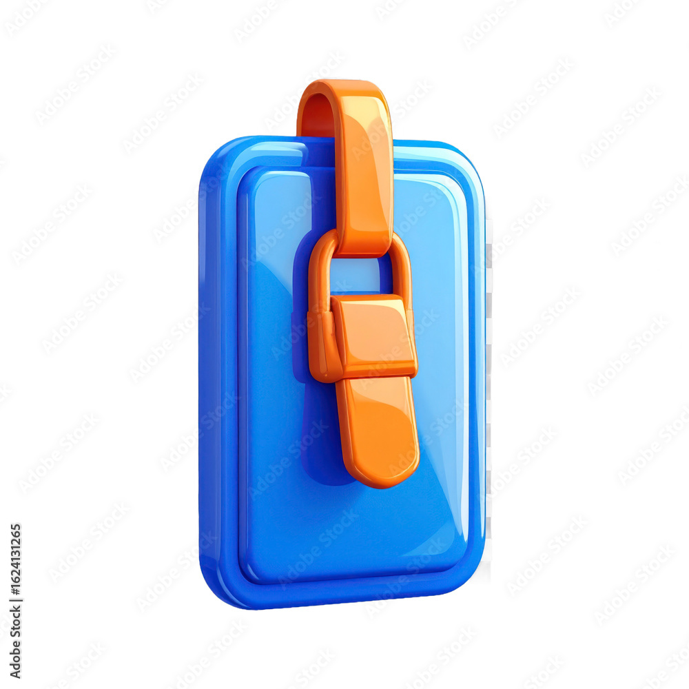 Poster blue rectangular object with orange strap element isolated transparent background