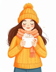 A cozy illustration of a girl in a warm orange sweater and hat, holding a cup of hot chocolate topped with whipped cream.