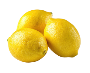Three bright yellow lemons clustered closely together.  Each lemon displays a smooth, slightly textured skin, and a slightly visible stem scar