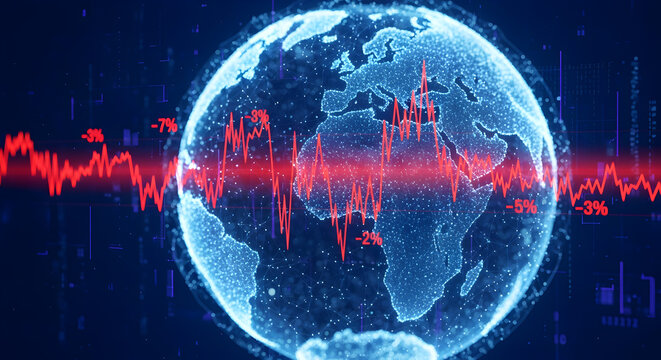 Abstract Globe with Red Financial Graph Illustration on Dark Blue Background Shows Financial Data