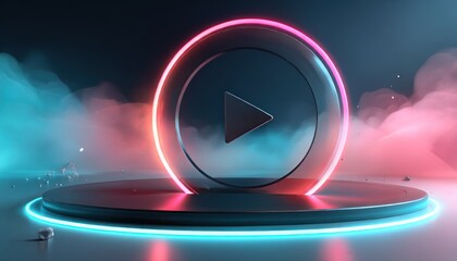 Play button on podium with neon light