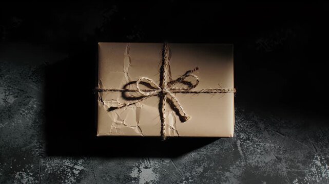Brown Gift Box Wrapped in Paper with Twine on a Dark Gray Textured Surface
