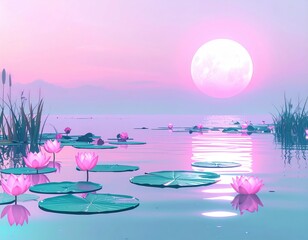 A serene landscape featuring pink lotus flowers on water, with a glowing full moon reflecting in the calm surface at dusk.
