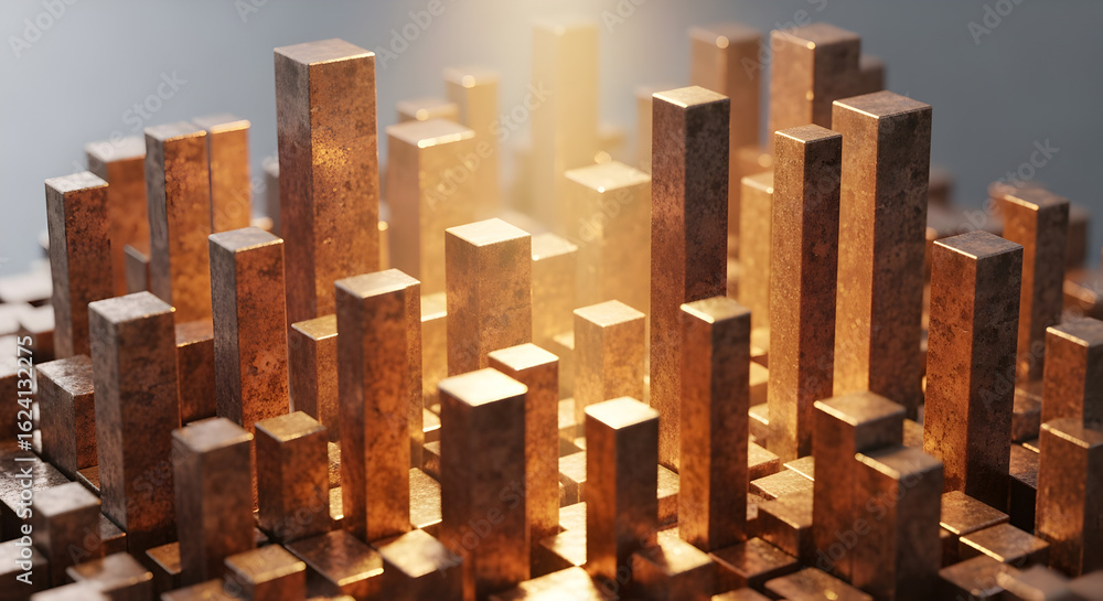 Aufkleber abstract metallic copper cuboids in organized grid on blurred gray backdrop softly illuminated by go