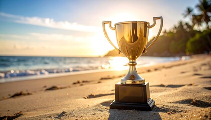 Golden trophy on sandy beach at sunset (2)