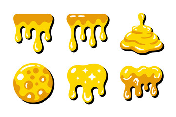 Cheese and slime icon set, yellow goo drip collection, fun vector illustration, unique design for food sticker pack
