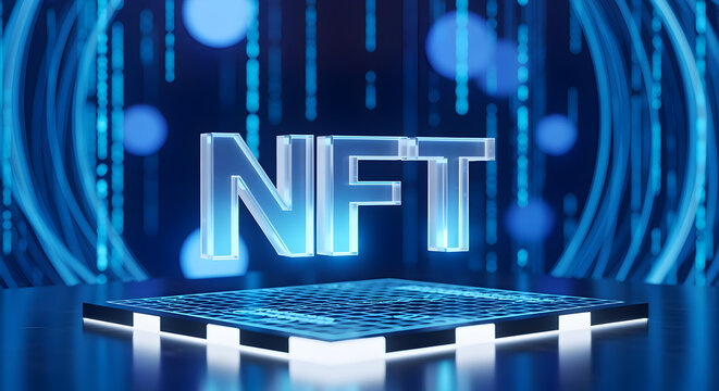 Abstract Nft Letters on Platform with Neon Blue Light Streaks and Bokeh Effect in 3D Rendering Style
